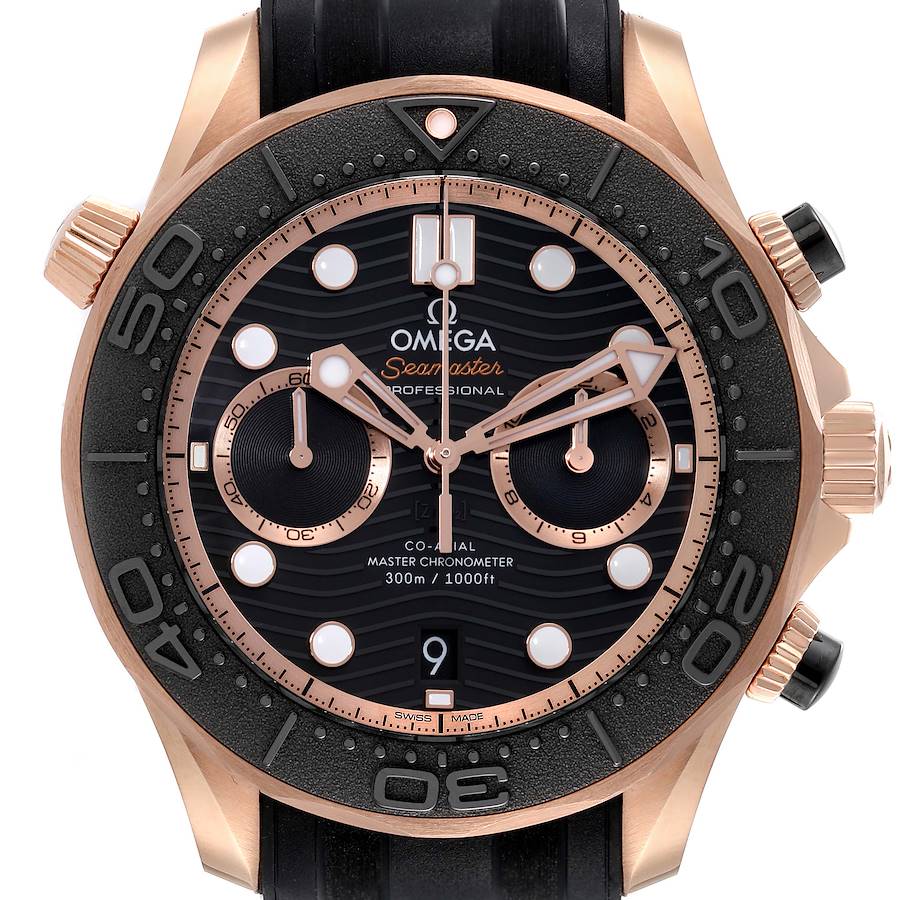 The image shows a front view of the Omega Seamaster 210.62.44.51.01.003 Men's Rose Gold Black Dial 210.62.44.51.01.003 Men's Rose Gold Black Dial watch, highlighting its dial, bezel, and crown.
