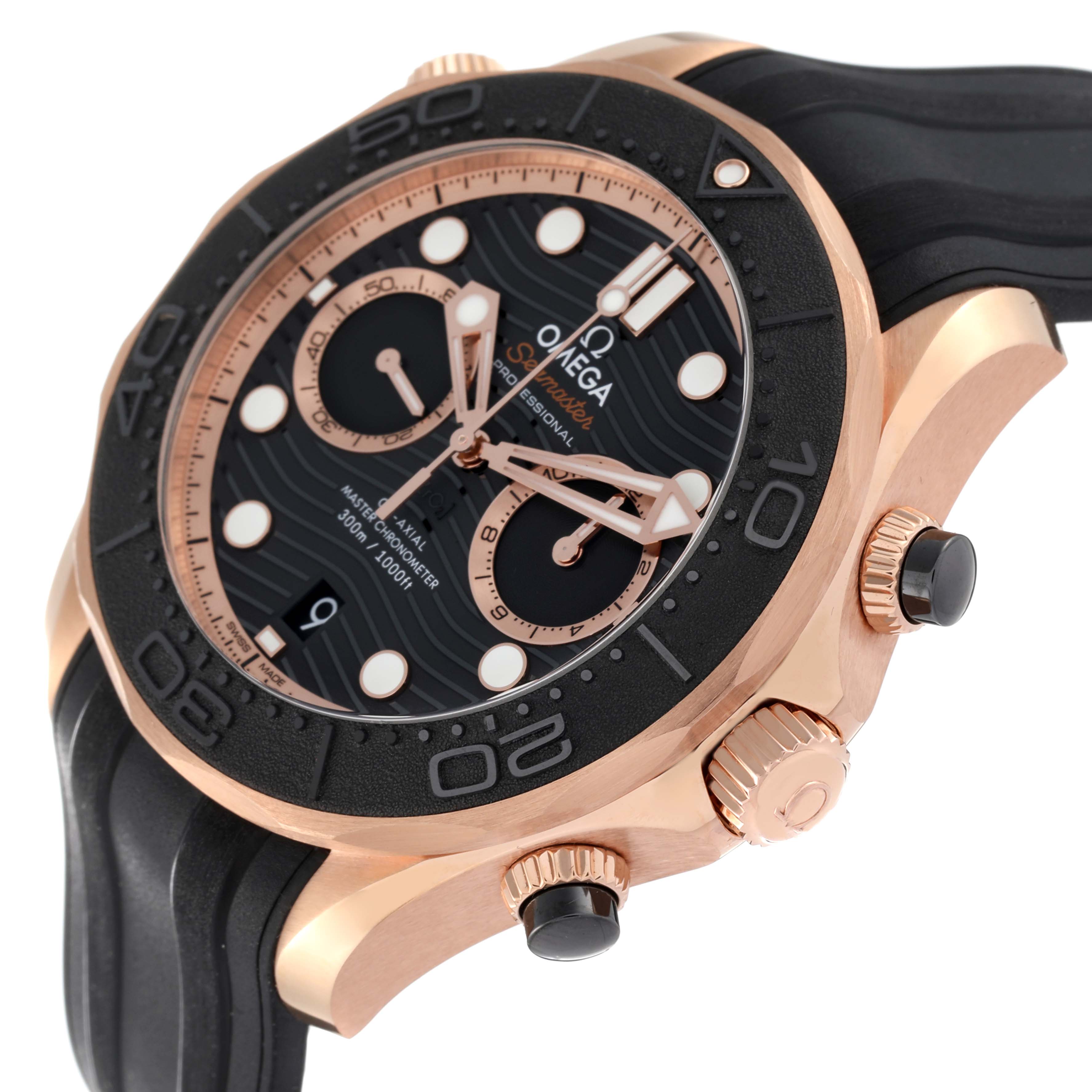 The Omega Seamaster 210.62.44.51.01.003 Men's Rose Gold Black Dial 210.62.44.51.01.003 Men's Rose Gold Black Dial watch is shown at an angle highlighting the face, bezel, crown, pushers, and part of the strap.