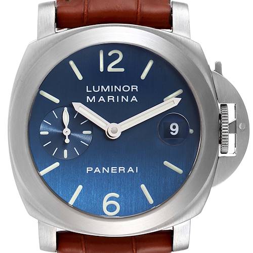 The image shows a front view of a Panerai Luminor PAM00070 Men's Stainless Steel Blue Dial PAM00070 Men's Stainless Steel Blue Dial Marina watch with a blue dial and brown leather strap.