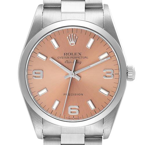 The image shows a front view of the Rolex Air-King 14000 Men's Stainless Steel Pink Dial 14000 Men's Stainless Steel Pink Dial watch, highlighting its face, dial, hands, crown, and part of the bracelet.