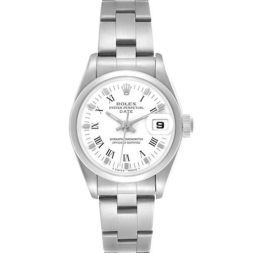 The Rolex Date 69160 Women's Stainless Steel White Dial 69160 Women's Stainless Steel White Dial model is shown from a top view, displaying the full dial, bracelet, and crown.