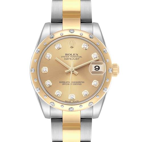 The Rolex Datejust Mid-Size watch is shown from the front, highlighting the dial, bezel, and two-tone bracelet.