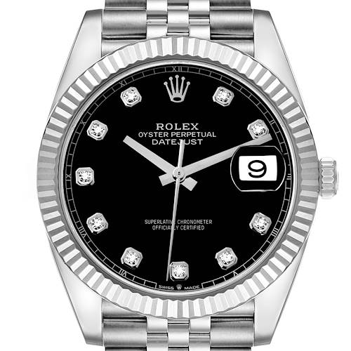 The Rolex Datejust 41 126334 Men's Stainless Steel Black Dial 126334 Men's Stainless Steel Black Dial watch is shown from a top-down angle, highlighting the dial, bezel, bracelet, and crown.