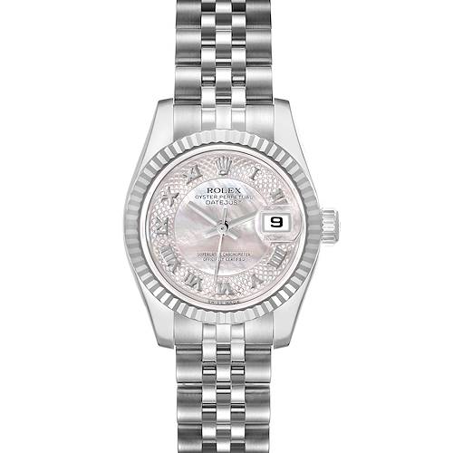 The Rolex Datejust 179174 Women's Stainless Steel Mother of Pearl Dial 179174 Women's Stainless Steel Mother of Pearl Dial watch is shown from a top-down angle, displaying the dial, bezel, bracelet, and date window.