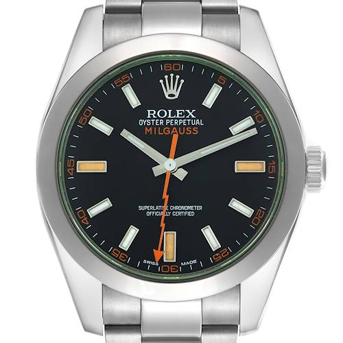 The Rolex Milgauss 116400GV Men's Stainless Steel Black Dial 116400GV Men's Stainless Steel Black Dial watch is shown from a front angle, displaying its face, bezel, and part of the bracelet.