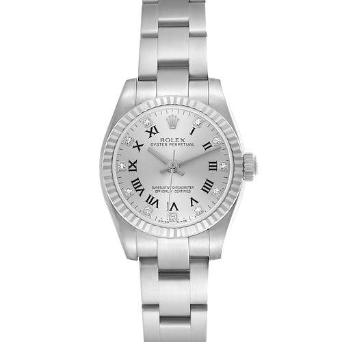 The Rolex Oyster Perpetual 176234 Women's Stainless Steel Silver Dial 176234 Women's Stainless Steel Silver Dial watch is shown from a front angle, highlighting the face, bezel, and bracelet.