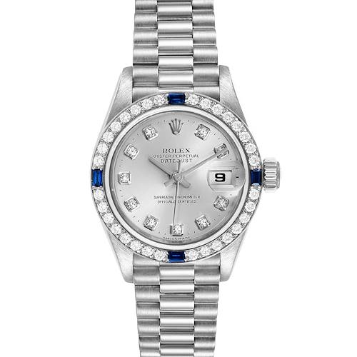 The image shows a frontal view of a Rolex President 79089 Women's White Gold Silver Dial 79089 Women's White Gold Silver Dial watch, highlighting its face, bezel, and bracelet.