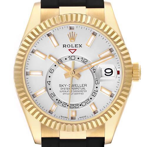 The Rolex Sky-Dweller 326238 Men's Yellow Gold White Dial 326238 Men's Yellow Gold White Dial is shown from a front angle, displaying its dial, hands, bezel, and crown.