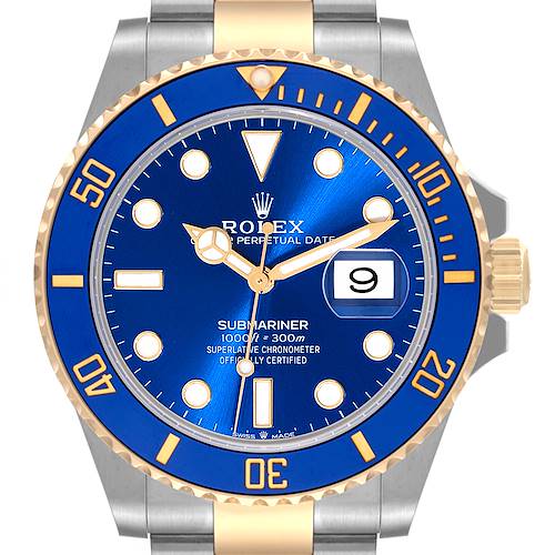 The image shows the front view of the Rolex Submariner 126613 Men's Steel and Gold (two tone) Blue Dial 126613 Men's Steel and Gold (two tone) Blue Dial watch, highlighting the blue dial, bezel, date window, and stainless steel and gold casing.