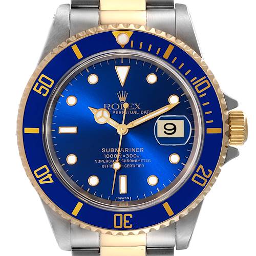 The image shows a front view of the Rolex Submariner 16613 Men's Steel and Gold (two tone) Blue Dial 16613 Men's Steel and Gold (two tone) Blue Dial watch, highlighting the blue dial, bezel, and date window.
