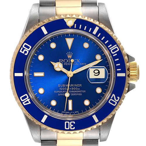 This image shows a front view of the Rolex Submariner 16613 Men's Steel and Gold (two tone) Blue Dial 16613 Men's Steel and Gold (two tone) Blue Dial watch, highlighting the blue dial, bezel, date window, and stainless steel and gold bracelet.