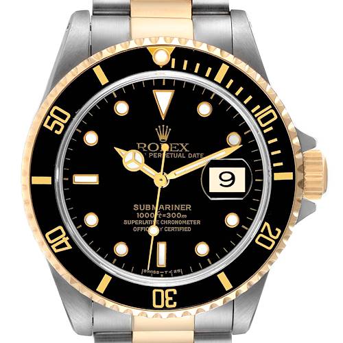 The image shows a front view of the Rolex Submariner 16613 Men's Steel and Gold (two tone) Black Dial 16613 Men's Steel and Gold (two tone) Black Dial watch, highlighting its black dial, date window, and gold and stainless steel bracelet.