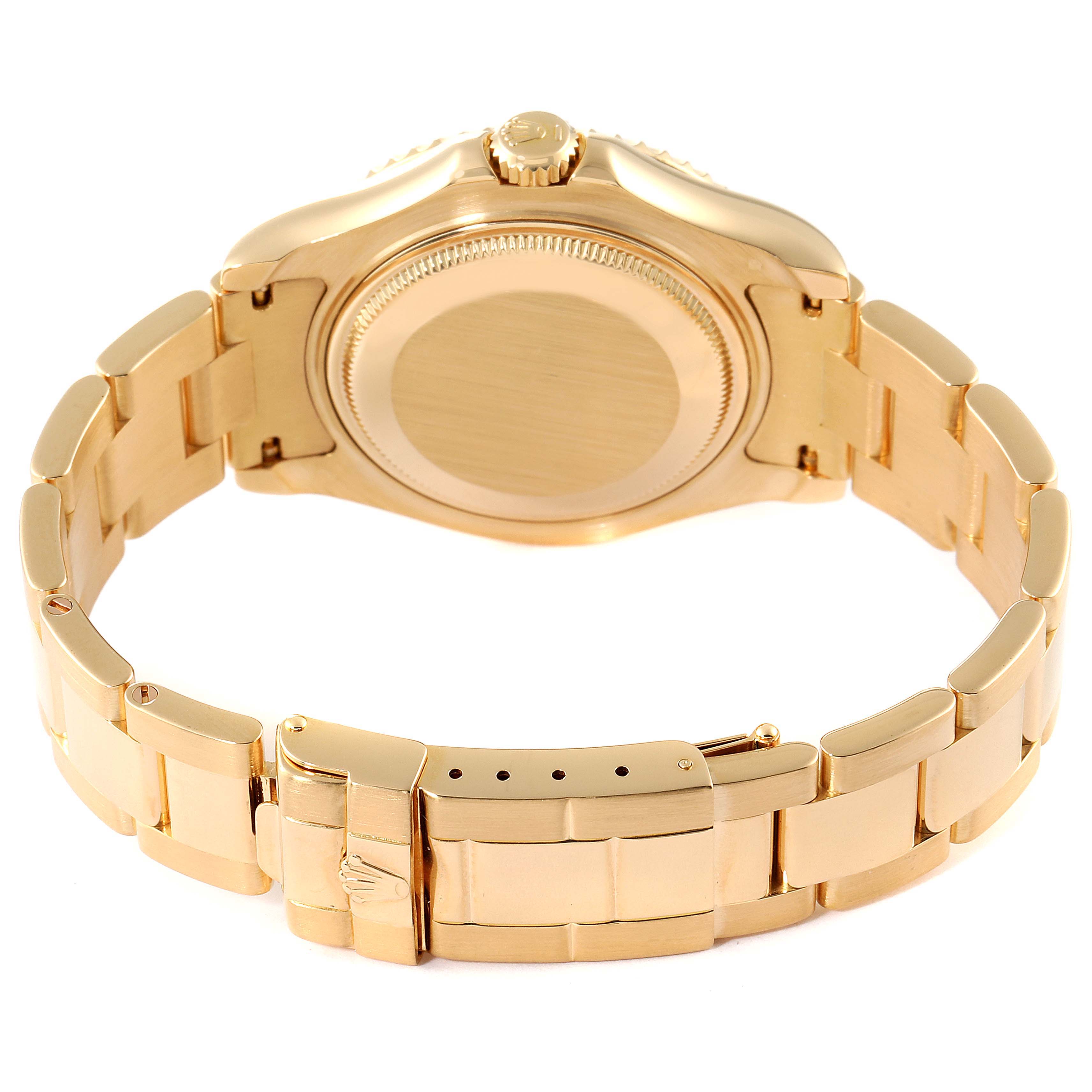 The image shows the back case and bracelet of a Rolex Yacht-Master 68628 Men's Yellow Gold White Dial 68628 Men's Yellow Gold White Dial watch from a rear angle.