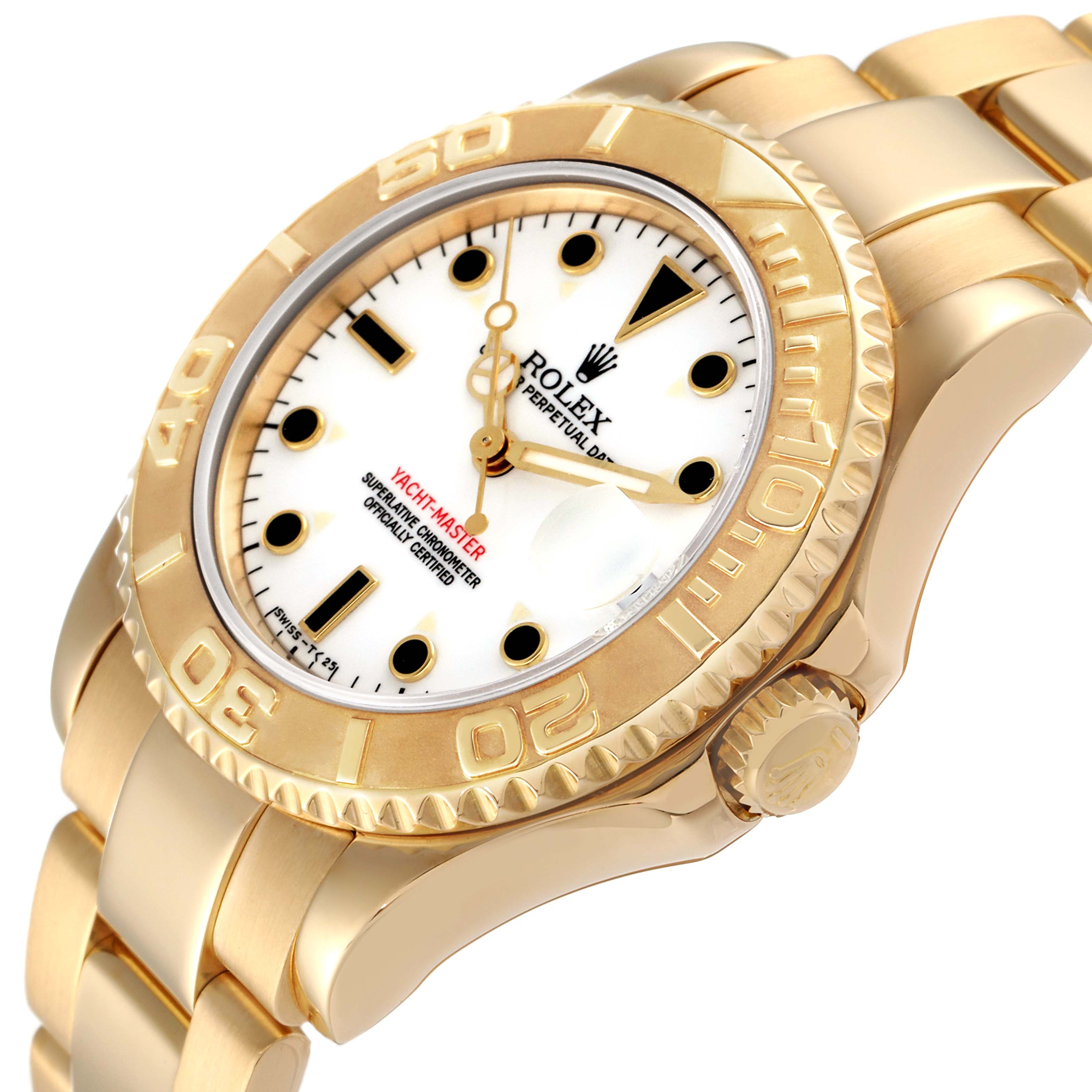 This image shows a close-up angle of a Rolex Yacht-Master 68628 Men's Yellow Gold White Dial 68628 Men's Yellow Gold White Dial watch featuring its face, bezel, crown, and bracelet.