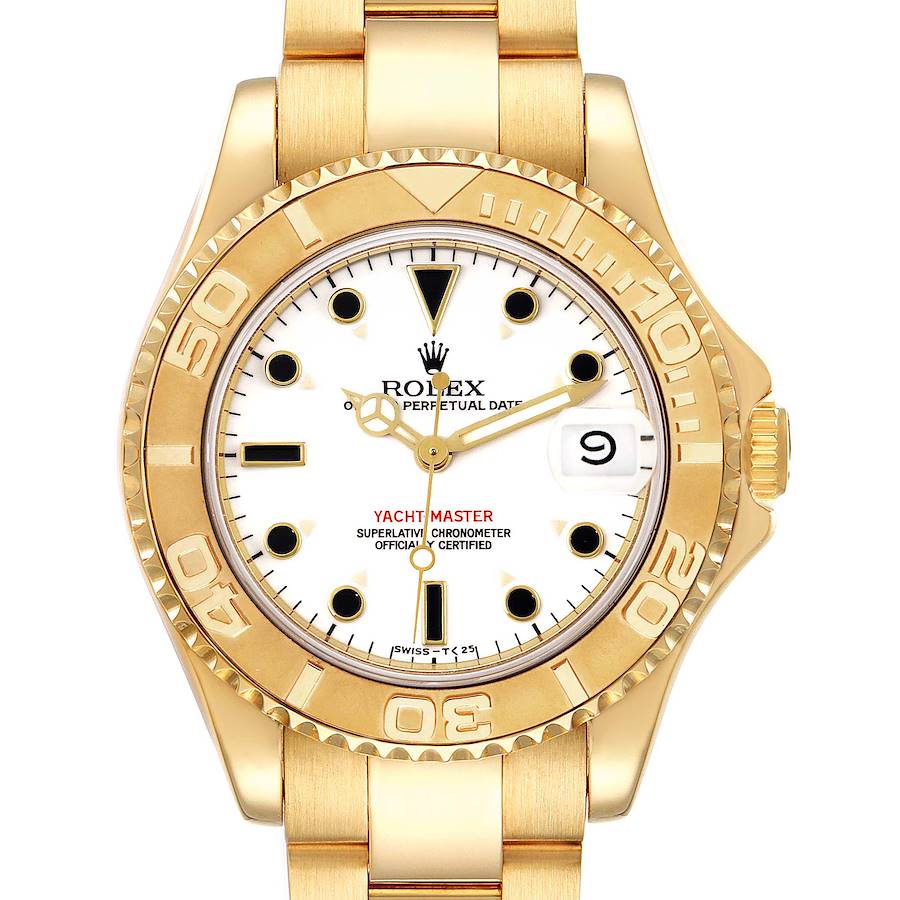 The image shows a front view of the Rolex Yacht-Master 68628 Men's Yellow Gold White Dial 68628 Men's Yellow Gold White Dial watch, highlighting the face, bezel, crown, and bracelet.