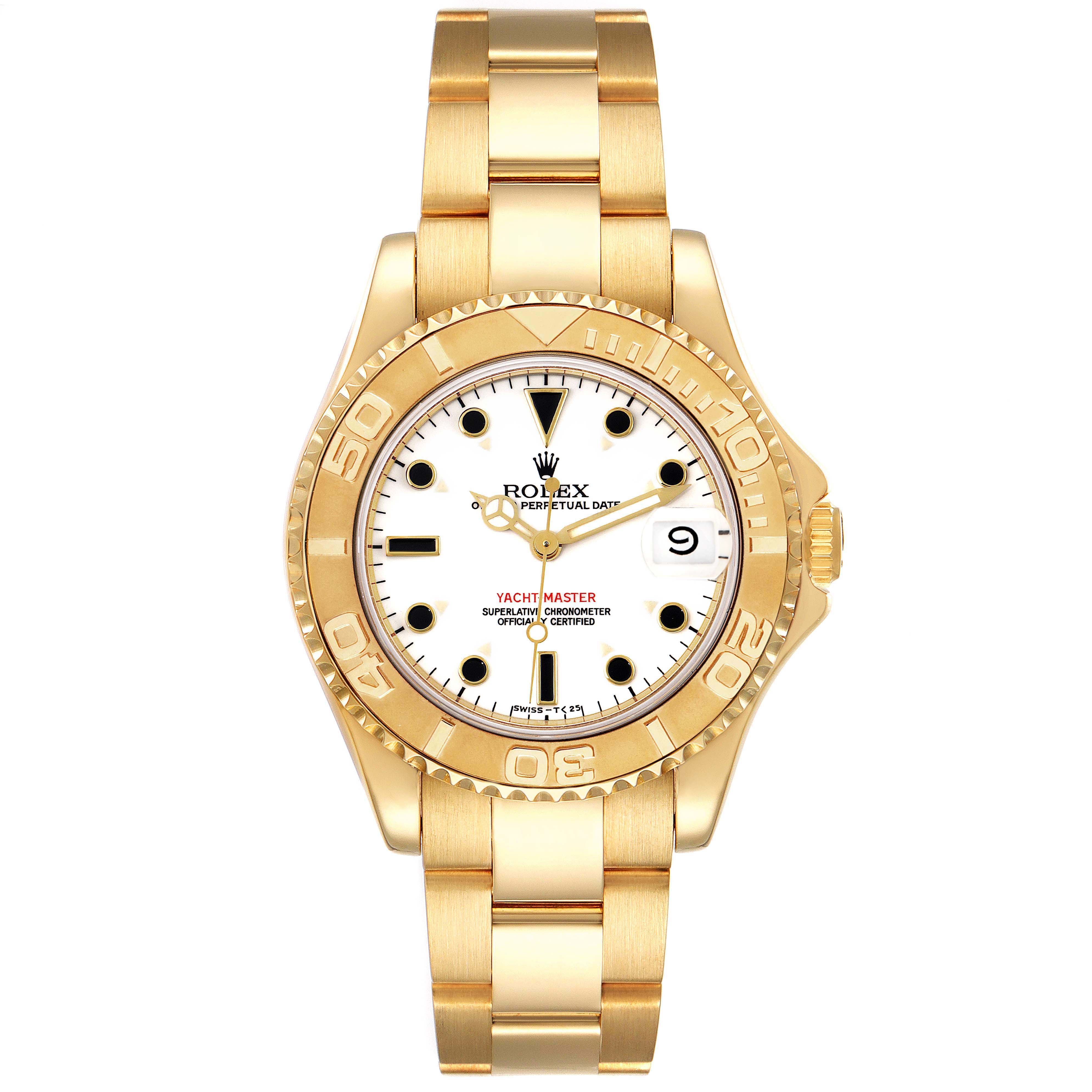 The Rolex Yacht-Master 68628 Men's Yellow Gold White Dial 68628 Men's Yellow Gold White Dial watch is shown from a front angle, displaying its gold bezel, white dial, and bracelet.