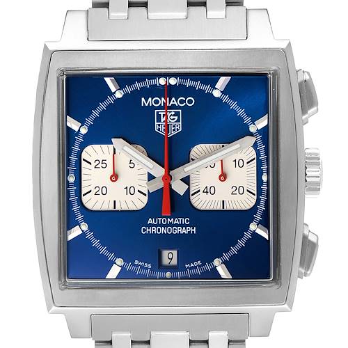 The image shows a front view of the Tag Heuer Monaco CW2113.BA0780 Men's Stainless Steel Blue Dial CW2113.BA0780 Men's Stainless Steel Blue Dial watch, displaying its dial, chronograph sub-dials, hands, and part of the bracelet.