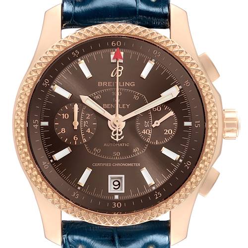 The image shows a frontal view of the Breitling Bentley R26362 Men's Rose Gold Brown Dial R26362 Men's Rose Gold Brown Dial watch, highlighting the dial, hands, subdials, and date display.
