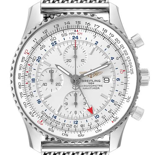 The image displays the face of a Breitling Navitimer A24322 Men's Stainless Steel Silver Dial A24322 Men's Stainless Steel Silver Dial watch from a front angle, showcasing its dials and bezel.