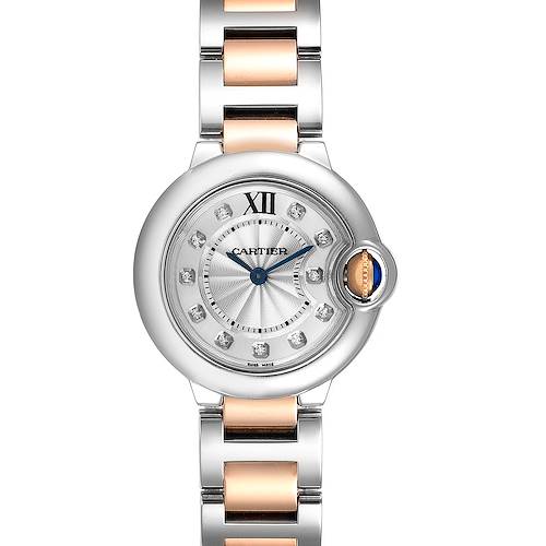Front view of the Cartier Ballon Bleu WE902030 Women's Steel and Gold (two tone) Silver Dial WE902030 Women's Steel and Gold (two tone) Silver Dial watch showing the face, bracelet, and bezel.