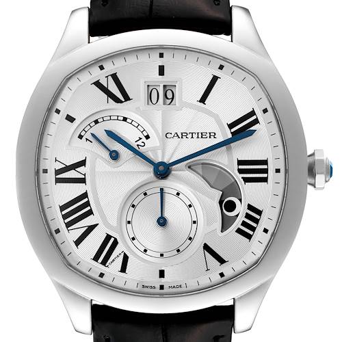 This image shows the face of a Drive de Cartier watch by Cartier, featuring the hands, sub-dials, date window, and Roman numeral markers.