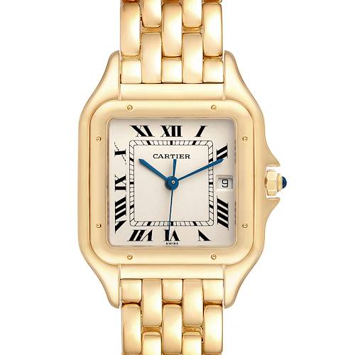 This image shows a frontal view of the dial and a portion of the bracelet of a Cartier Panthere W25014B9 Men's Yellow Gold Silver Dial W25014B9 Men's Yellow Gold Silver Dial watch.