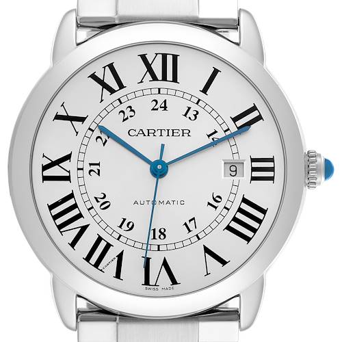 The Cartier Ronde W6701011 Men's Stainless Steel Silver Dial W6701011 Men's Stainless Steel Silver Dial watch is shown from a front view, highlighting its dial with Roman numerals, date window, and blue hands.