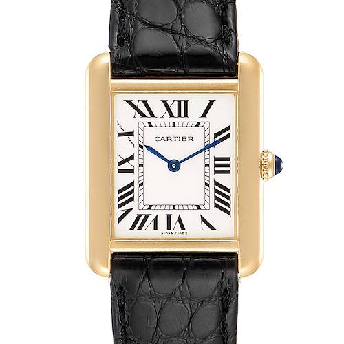 This is a front view of the Cartier Tank Solo W1018755 Women's Yellow Gold Silver Dial W1018755 Women's Yellow Gold Silver Dial watch, displaying its rectangular gold case, black leather strap, and Roman numeral dial.