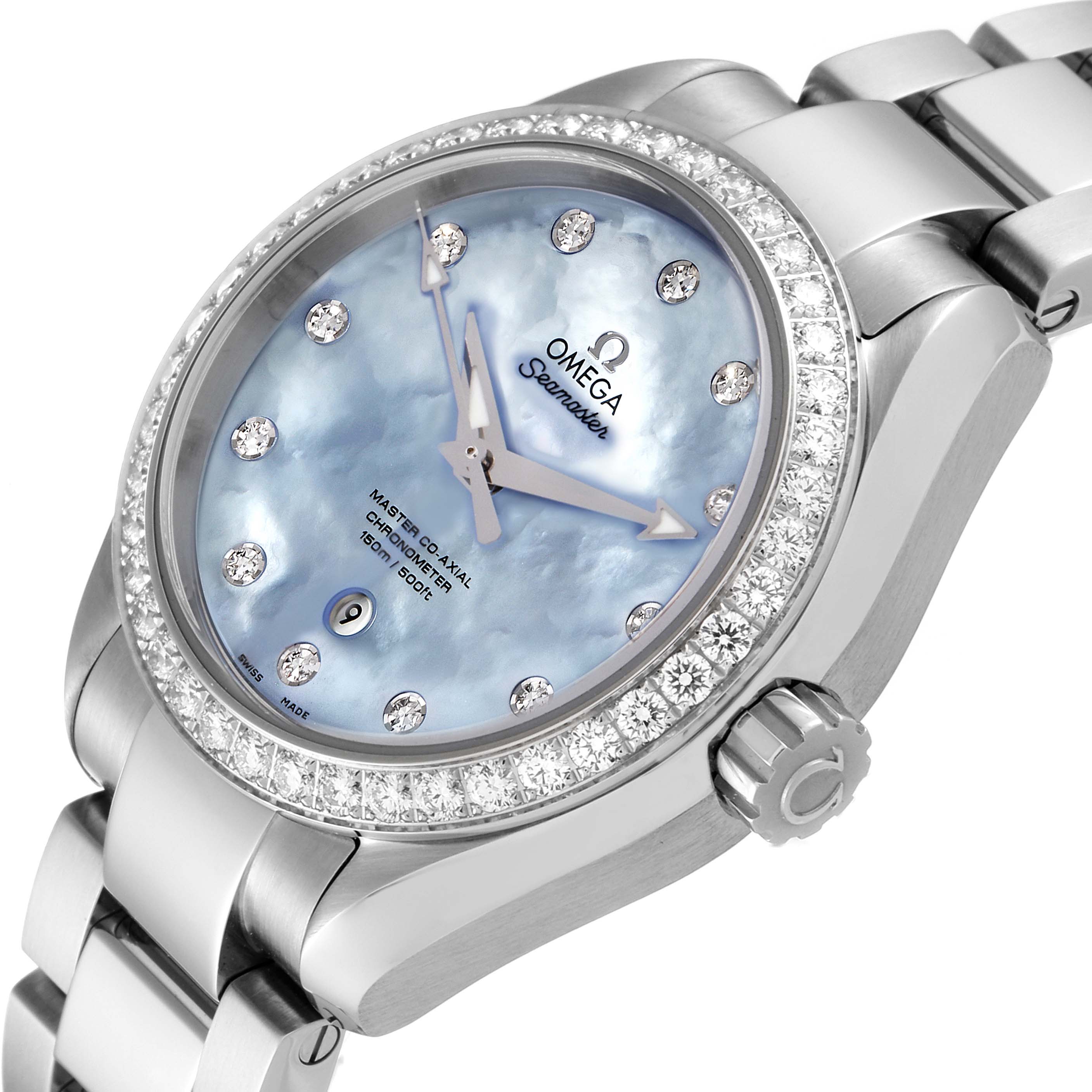 The image shows an angled close-up of the Omega 231.15.34.20.57.002 Women's Stainless Steel Mother of Pearl Dial 231.15.34.20.57.002 Women's Stainless Steel Mother of Pearl Dial Seamaster Aqua Terra MOP Diamond Steel Ladies Watch, highlighting its dial, bezel, and crown.