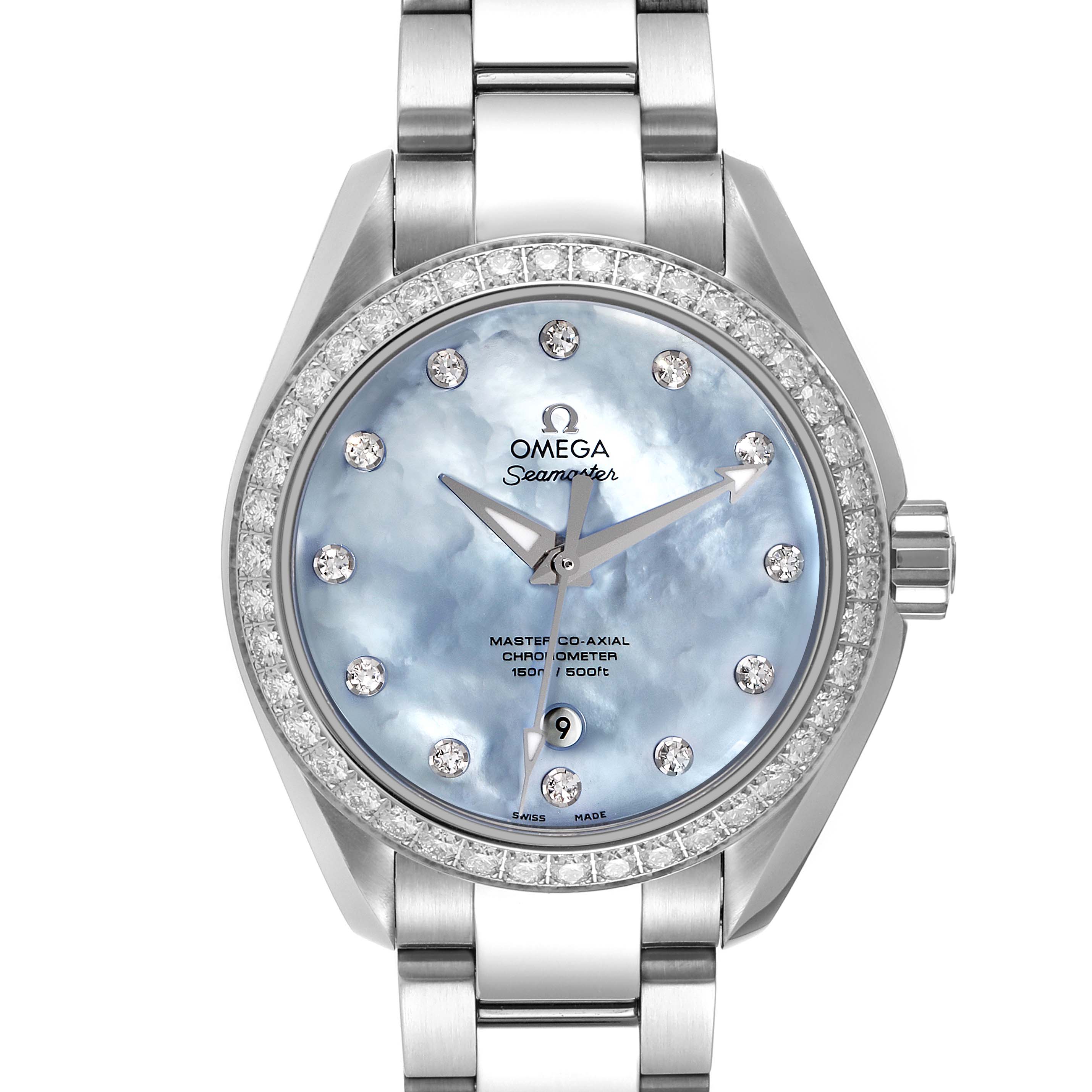 The image shows a front view of the Omega 231.15.34.20.57.002 Women's Stainless Steel Mother of Pearl Dial 231.15.34.20.57.002 Women's Stainless Steel Mother of Pearl Dial Seamaster Aqua Terra MOP Diamond Steel Ladies Watch, model 231.15.34.20.57.002.