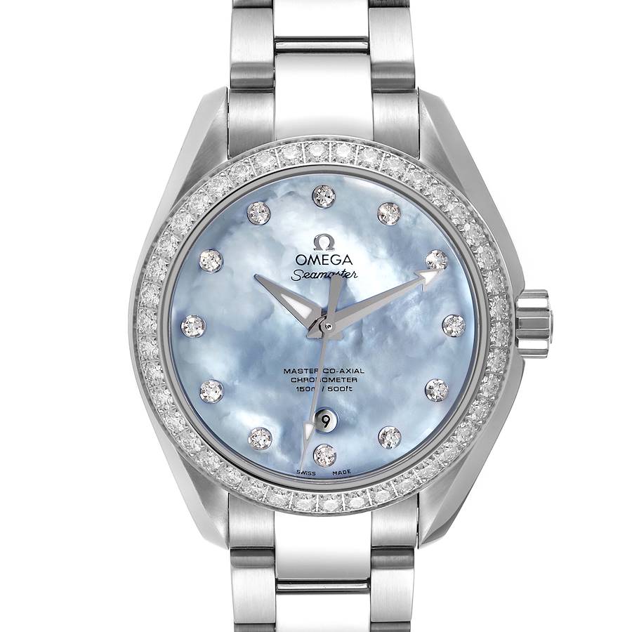 The image shows a front view of the Omega 231.15.34.20.57.002 Women's Stainless Steel Mother of Pearl Dial 231.15.34.20.57.002 Women's Stainless Steel Mother of Pearl Dial Seamaster Aqua Terra MOP Diamond Steel Ladies Watch, model 231.15.34.20.57.002.