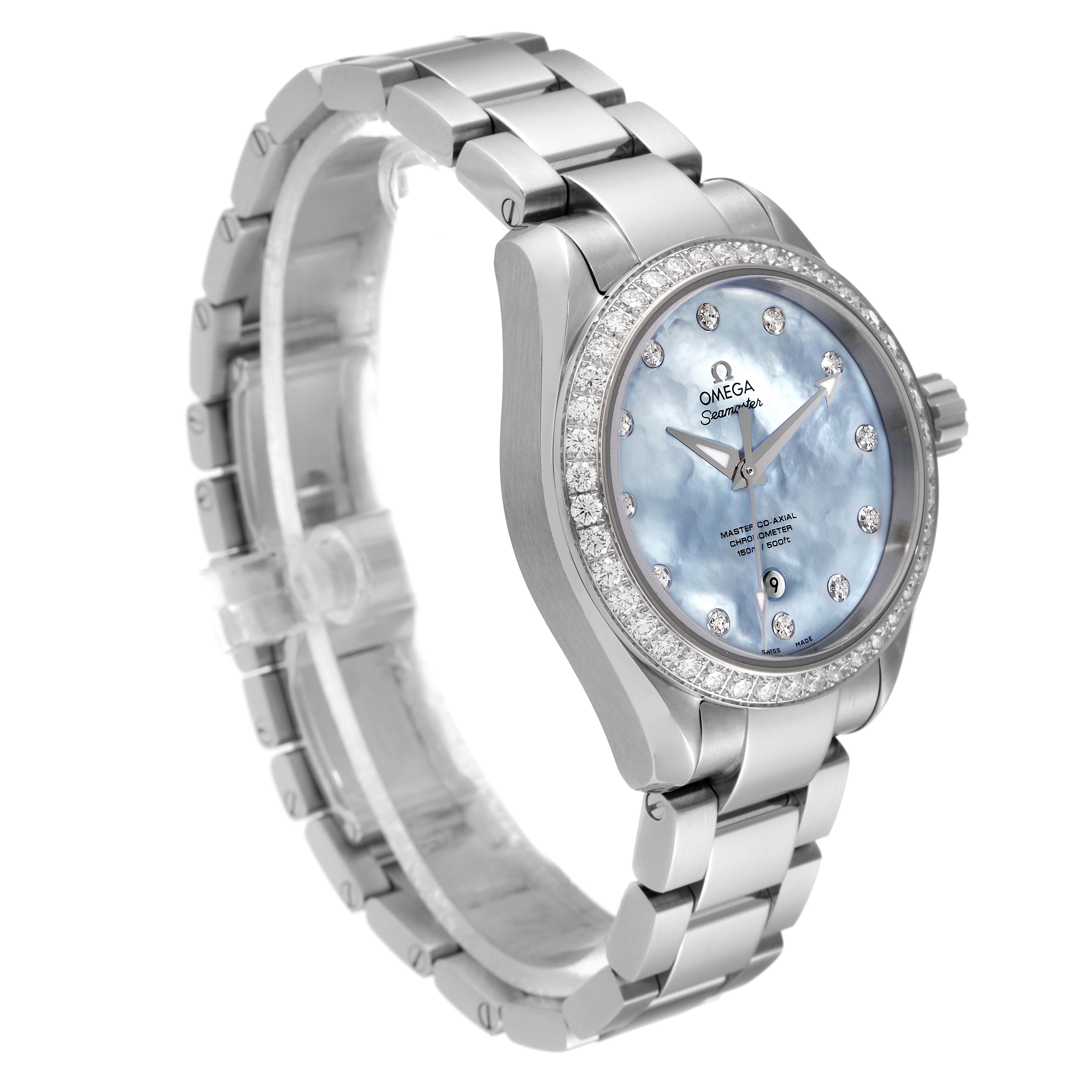 The Omega 231.15.34.20.57.002 Women's Stainless Steel Mother of Pearl Dial 231.15.34.20.57.002 Women's Stainless Steel Mother of Pearl Dial Seamaster Aqua Terra MOP Diamond Steel Ladies Watch is shown at a three-quarter angle highlighting the face and bracelet.