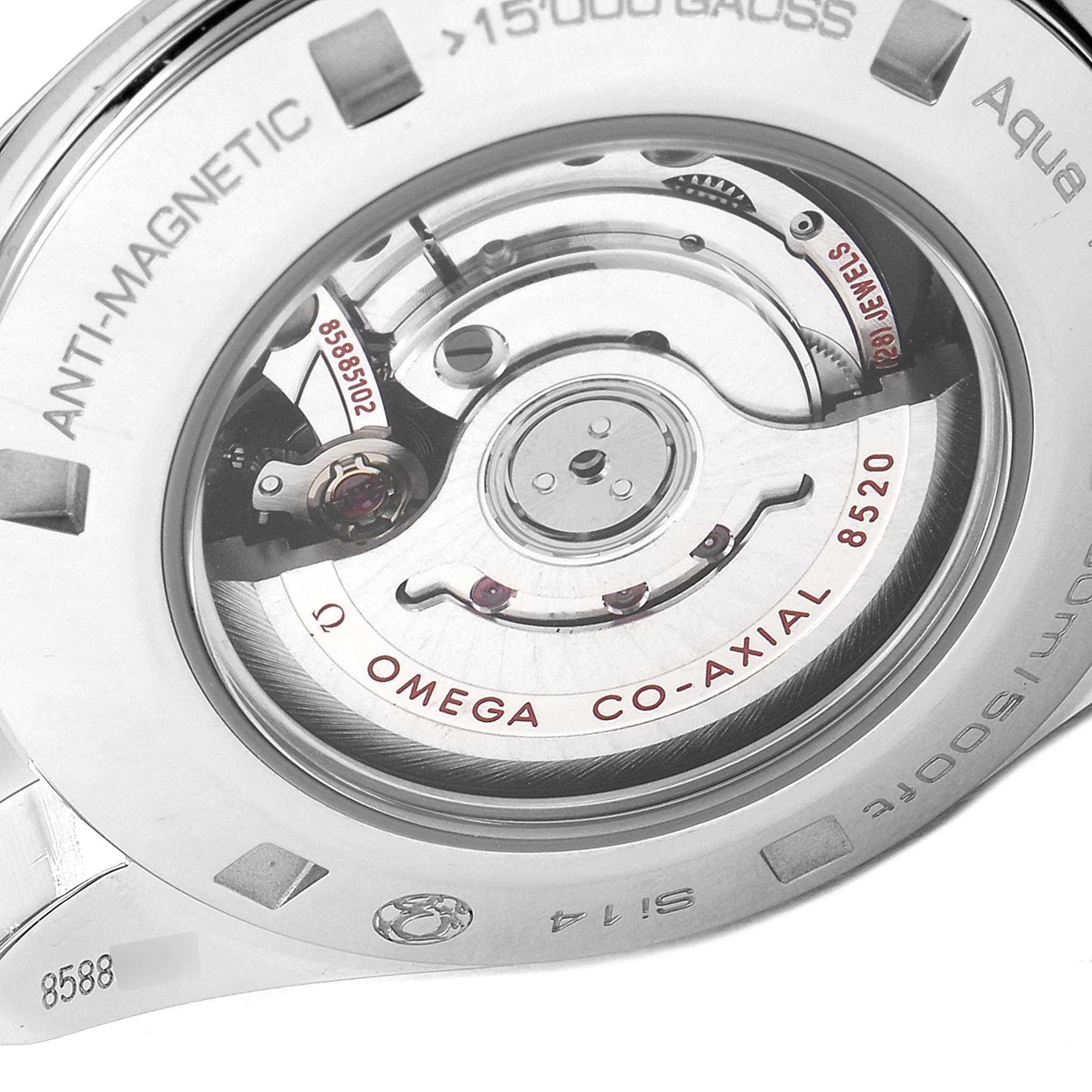 The image shows the backside of the Omega 231.15.34.20.57.002 Women's Stainless Steel Mother of Pearl Dial 231.15.34.20.57.002 Women's Stainless Steel Mother of Pearl Dial Seamaster Aqua Terra MOP Diamond Steel Ladies Watch 231.15.34.20.57.002, highlighting its movement.