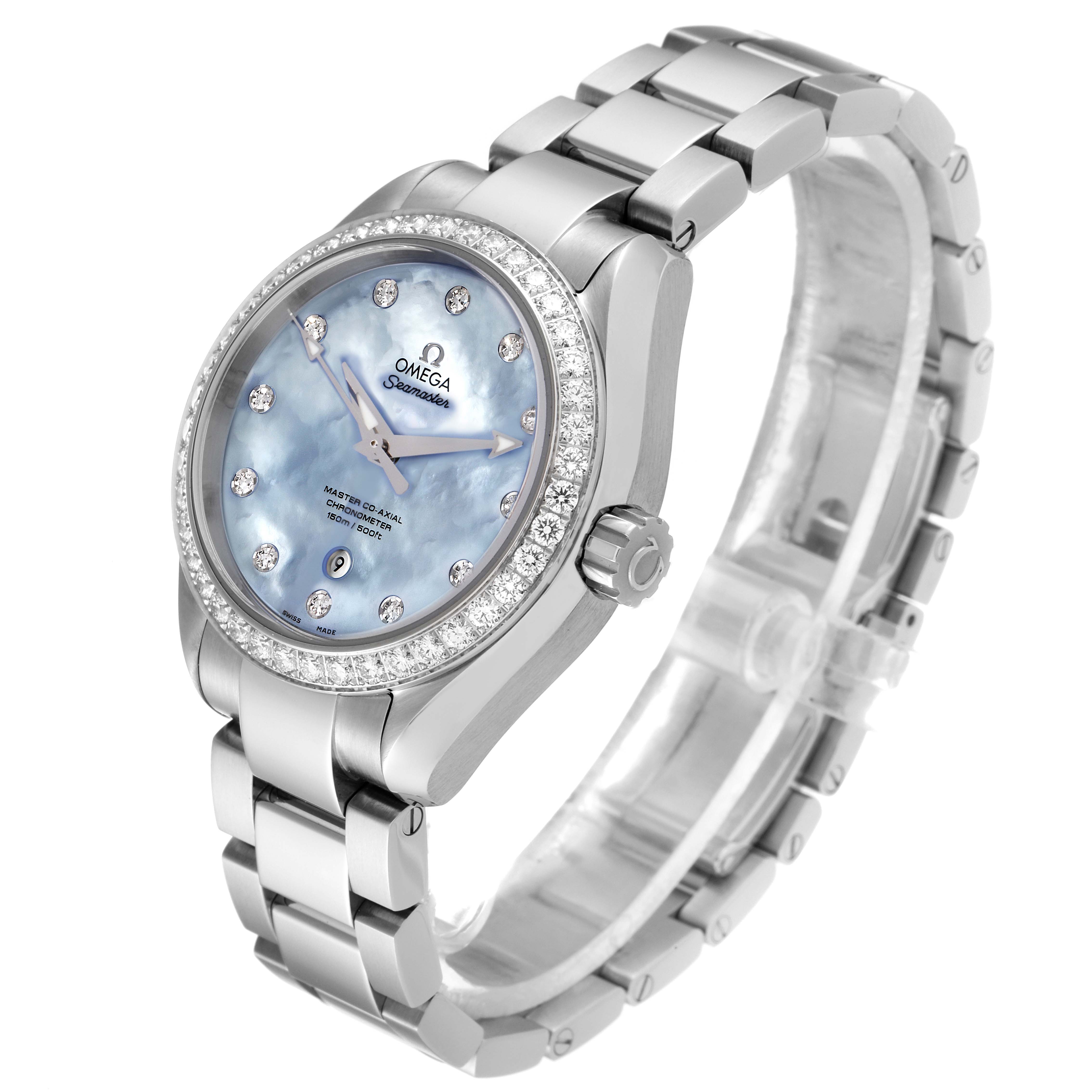 The image shows an Omega 231.15.34.20.57.002 Women's Stainless Steel Mother of Pearl Dial 231.15.34.20.57.002 Women's Stainless Steel Mother of Pearl Dial Seamaster Aqua Terra MOP Diamond Steel Ladies Watch model 231.15.34.20.57.002 from a side-angle view, highlighting its bracelet, bezel, and dial.