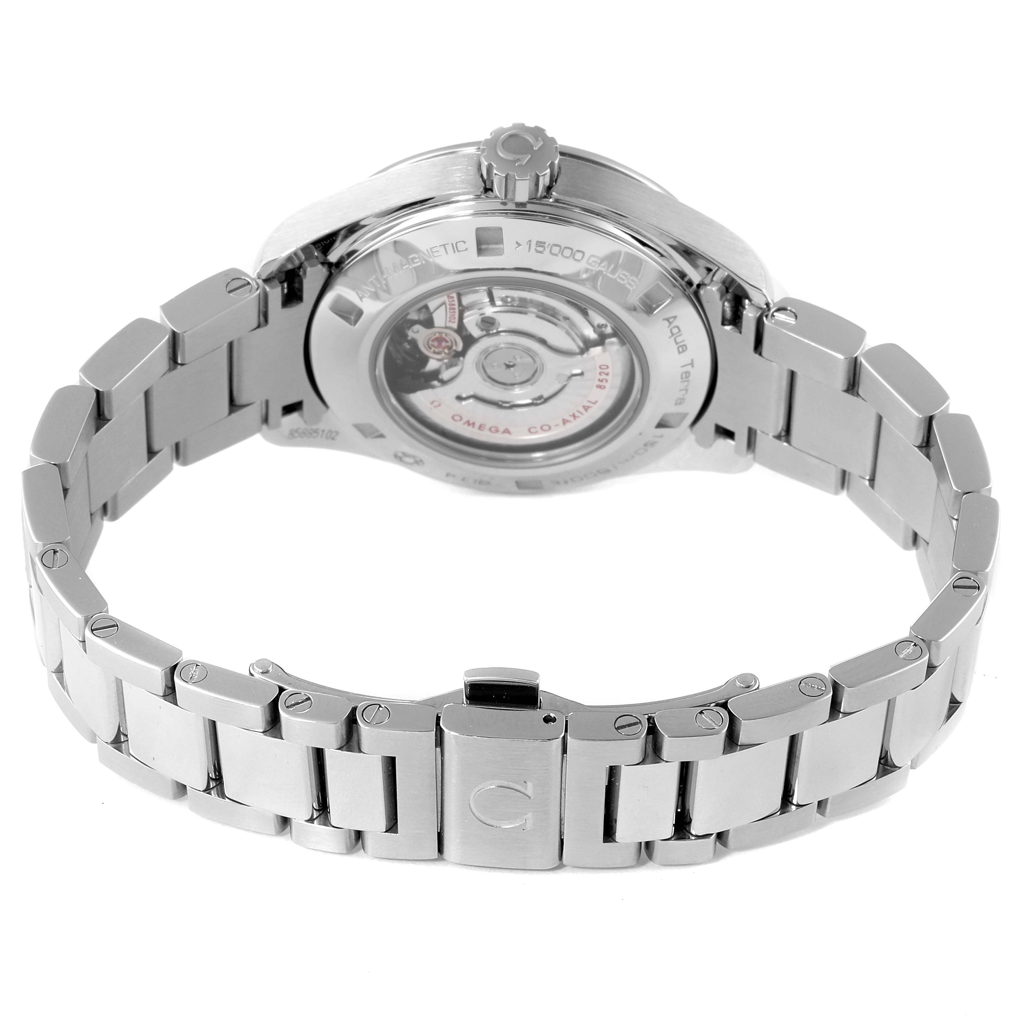 This image shows the back and bracelet of the Omega 231.15.34.20.57.002 Women's Stainless Steel Mother of Pearl Dial 231.15.34.20.57.002 Women's Stainless Steel Mother of Pearl Dial Seamaster Aqua Terra MOP Diamond Steel Ladies Watch 231.15.34.20.57.002.