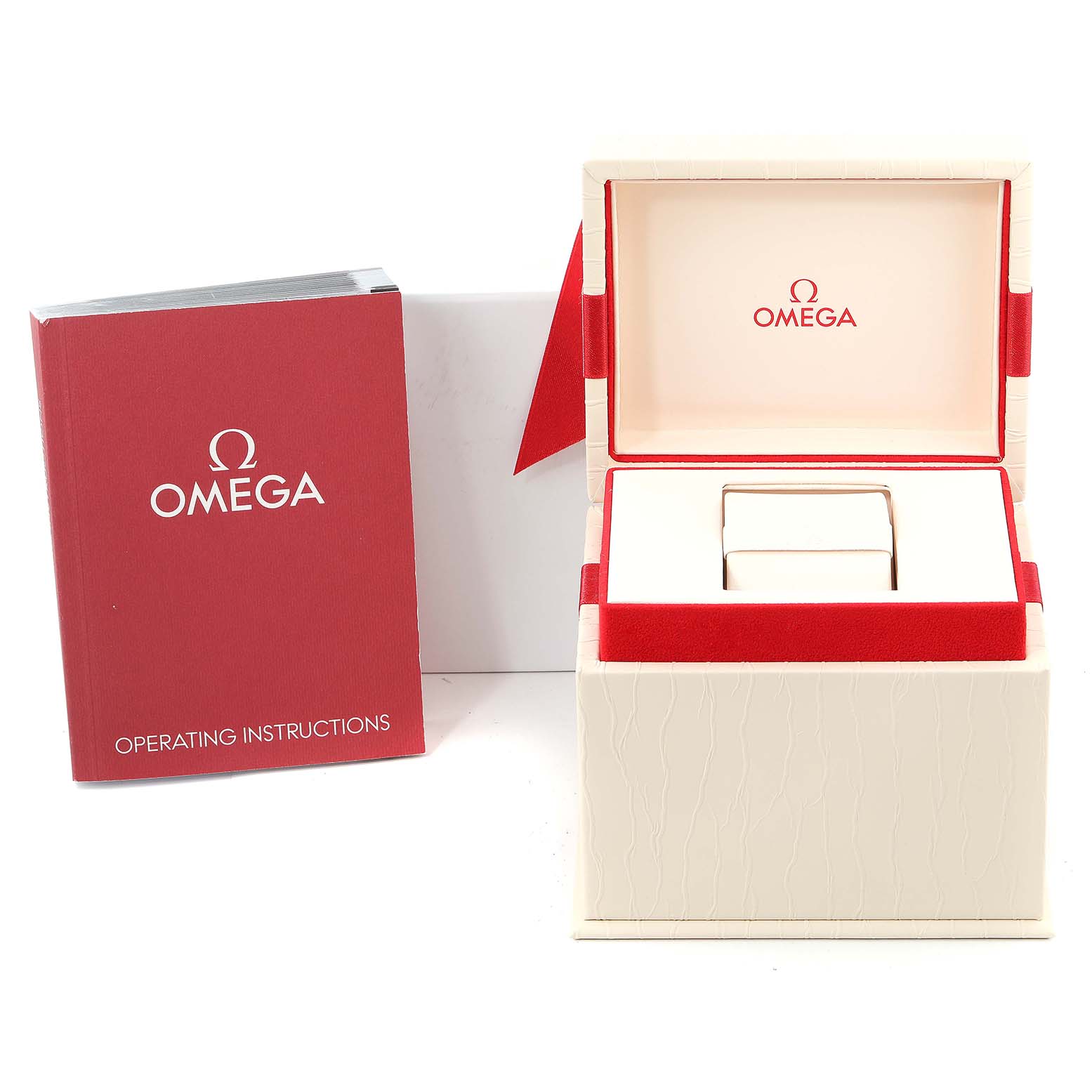 This image shows the box and operating instructions for the Omega 231.15.34.20.57.002 Women's Stainless Steel Mother of Pearl Dial 231.15.34.20.57.002 Women's Stainless Steel Mother of Pearl Dial Seamaster Aqua Terra MOP Diamond Steel Ladies Watch 231.15.34.20.57.002.