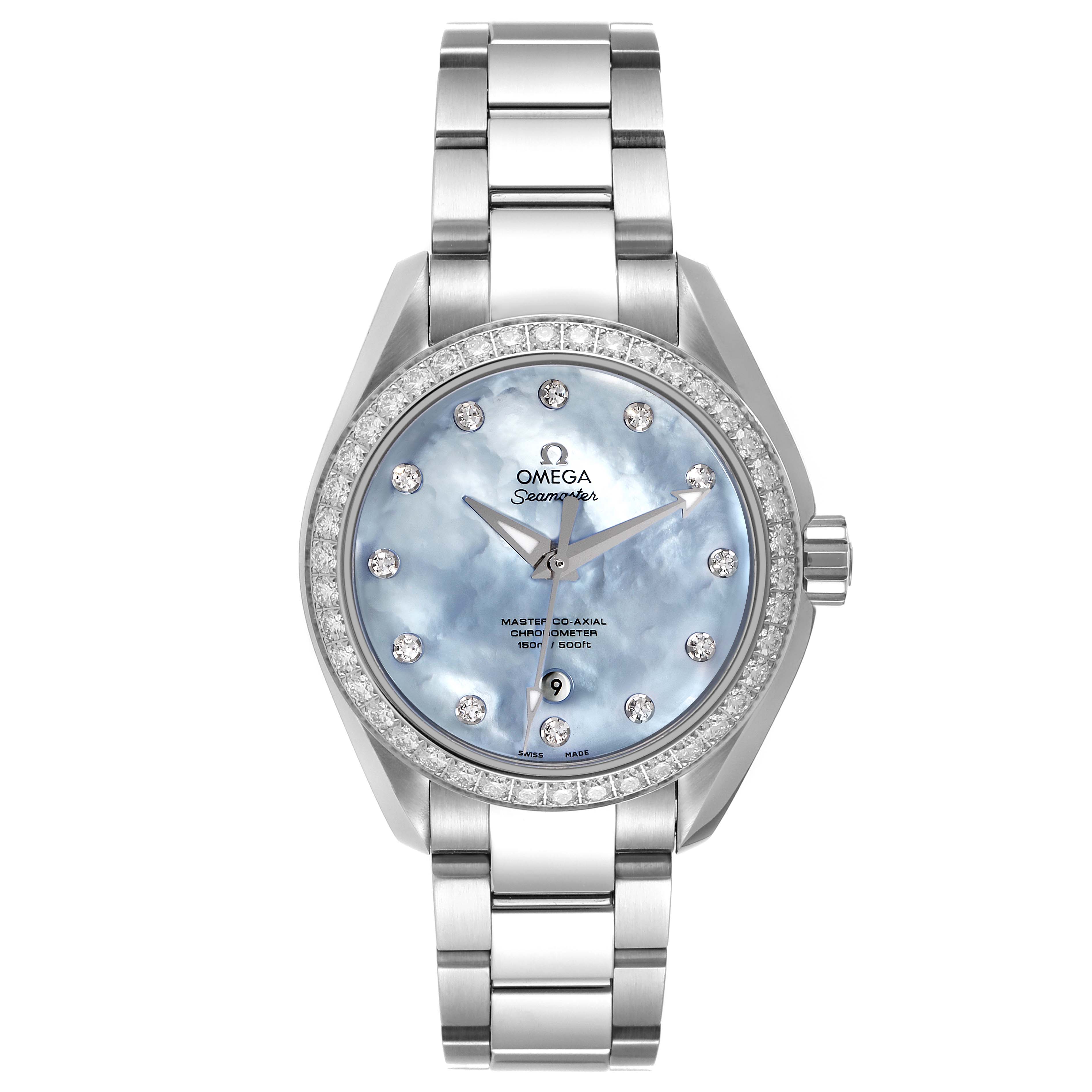 The Omega 231.15.34.20.57.002 Women's Stainless Steel Mother of Pearl Dial 231.15.34.20.57.002 Women's Stainless Steel Mother of Pearl Dial Seamaster Aqua Terra MOP Diamond Steel Ladies Watch model 231.15.34.20.57.002 is shown from a frontal angle.