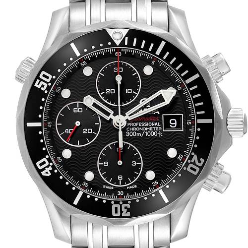 The Omega Seamaster 213.30.42.40.01.001 Men's Stainless Steel Black Dial 213.30.42.40.01.001 Men's Stainless Steel Black Dial watch is shown from a front angle, highlighting the face, bezel, and metal bracelet.