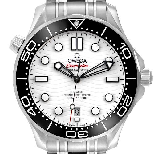 The Omega Seamaster 210.30.42.20.04.001 Men's Stainless Steel White Dial 210.30.42.20.04.001 Men's Stainless Steel White Dial watch is shown from the front, highlighting the dial, hands, bezel, date window, and metallic bracelet.