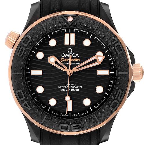 The image shows a frontal view of an Omega Seamaster 210.62.44.20.01.001 Men's Steel and Gold (two tone) Black Dial 210.62.44.20.01.001 Men's Steel and Gold (two tone) Black Dial watch, displaying its face, bezel, and crown.