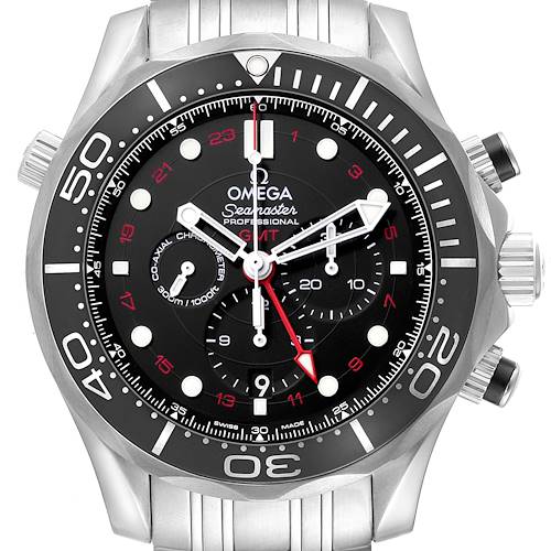The Omega Seamaster 212.30.44.52.01.001 Men's Stainless Steel Black Dial 212.30.44.52.01.001 Men's Stainless Steel Black Dial watch is shown from the front, displaying the dial, bezel, crown, and pushers.