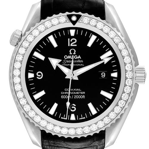 The Omega Planet Ocean 222.18.46.20.01.001 Men's Stainless Steel Black Dial 222.18.46.20.01.001 Men's Stainless Steel Black Dial watch is shown from a frontal angle, highlighting the bezel, dial, and crown.