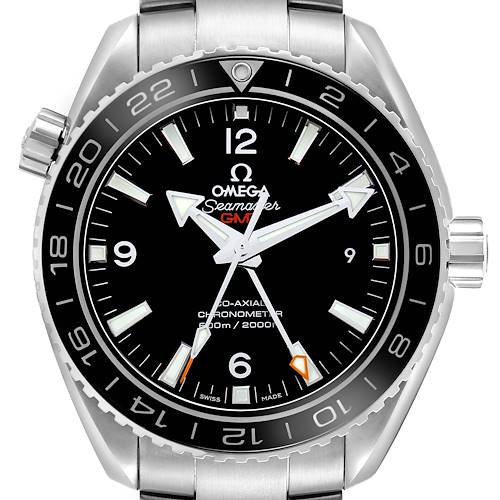 The Omega Planet Ocean 232.30.44.22.01.001 Men's Stainless Steel Black Dial 232.30.44.22.01.001 Men's Stainless Steel Black Dial watch is shown from the front, displaying the face, bezel, crown, and part of the bracelet.