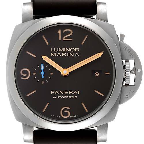 The image shows a front view of the Panerai Luminor PAM01351 Men's Titanium Brown Dial PAM01351 Men's Titanium Brown Dial watch, highlighting the dial, crown, and case.
