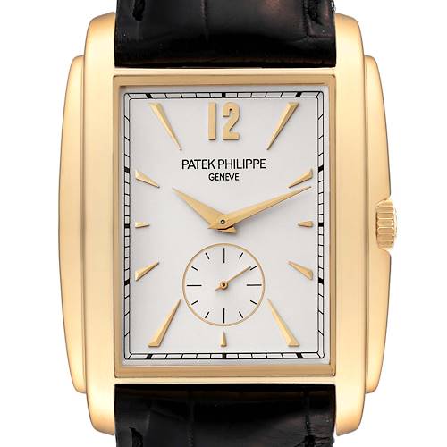 This image shows a front view of the Gondolo model watch by Patek Philippe, highlighting its dial and gold case.