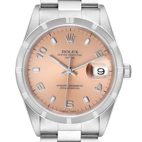 The image shows a front view of a Rolex Oyster Perpetual Date watch, highlighting the dial, bezel, crown, and bracelet.
