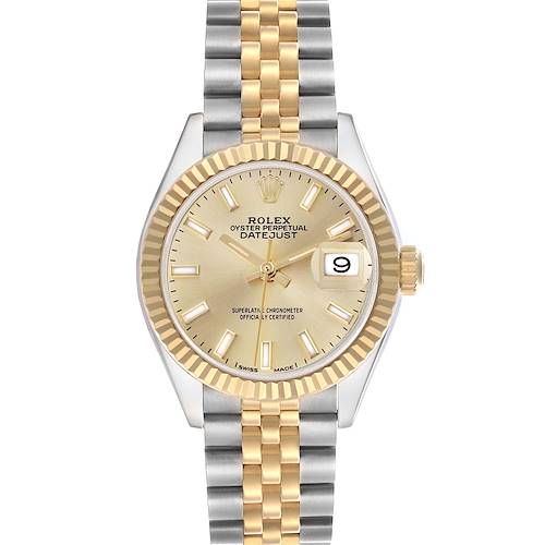 The Rolex Datejust 279173 Women's Steel and Gold (two tone) Champagne Dial 279173 Women's Steel and Gold (two tone) Champagne Dial watch is shown from a top-down angle, highlighting the face, bezel, and two-tone bracelet.