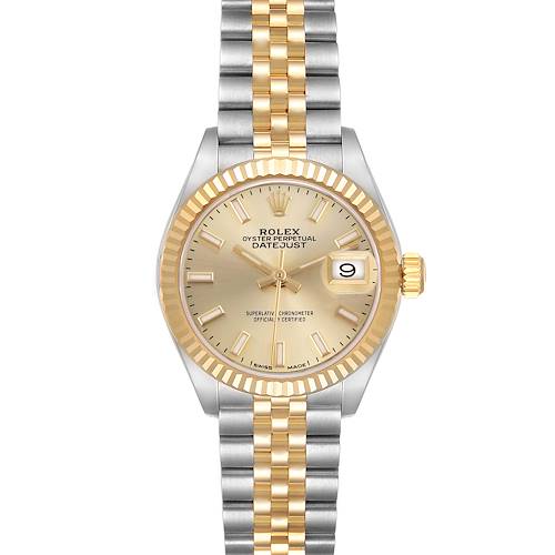 The Rolex Datejust 279173 Women's Steel and Gold (two tone) Champagne Dial 279173 Women's Steel and Gold (two tone) Champagne Dial watch is shown from a top-down angle, highlighting its gold and silver bracelet, fluted bezel, and date display.