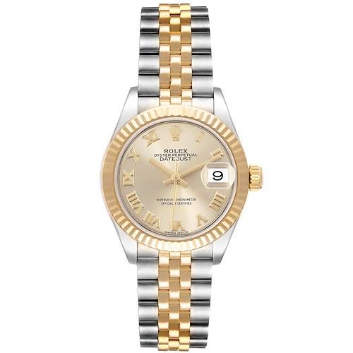 The Rolex Datejust 279173 Women's Steel and Gold (two tone) Champagne Dial 279173 Women's Steel and Gold (two tone) Champagne Dial watch is shown from a top view, displaying the dial, bezel, bracelet, and crown.