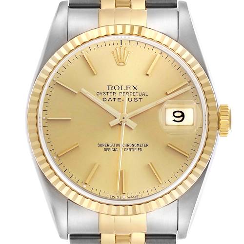 The Rolex Datejust 16233 Men's Steel and Gold (two tone) Champagne Dial 16233 Men's Steel and Gold (two tone) Champagne Dial watch is shown from the front, highlighting the dial, bezel, and crown with a two-tone bracelet.